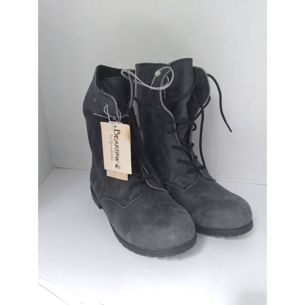 Bearpaw Womens Distressed Suede Lace Up Mid Calf Boots Charcoal Grey NEW
